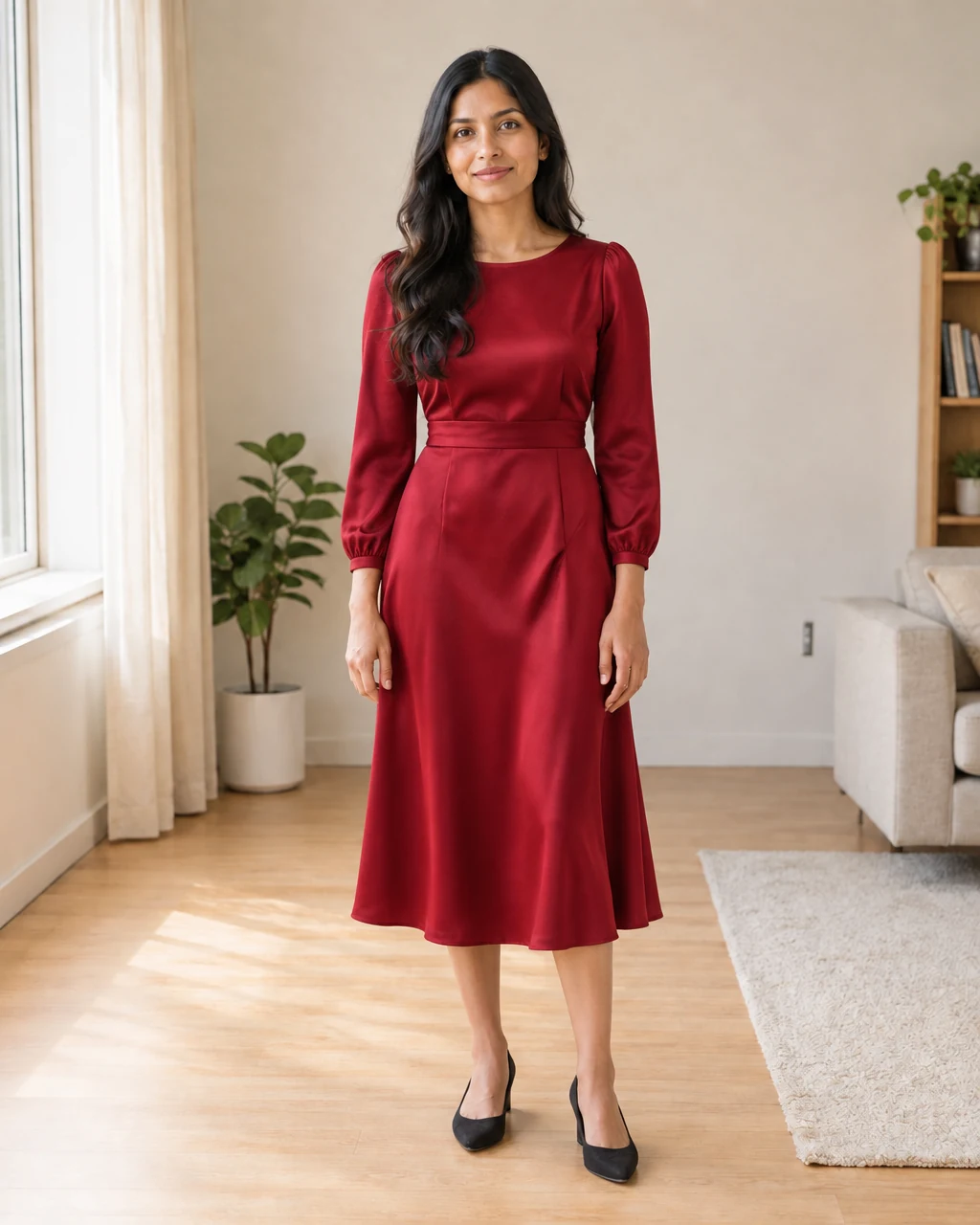 Same woman in a ruby-red midi dress after an AI photo outfit change