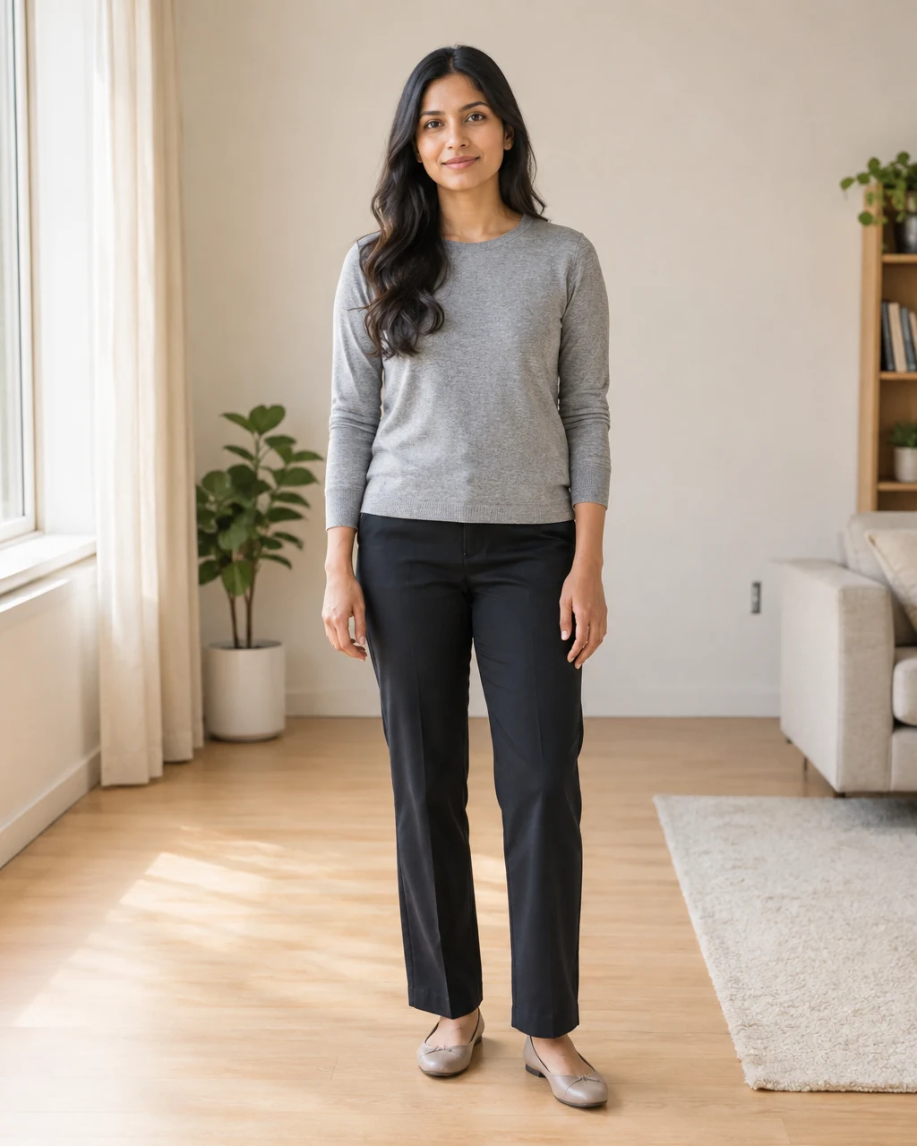 Woman in a gray top and dark trousers before changing her outfit in a photo