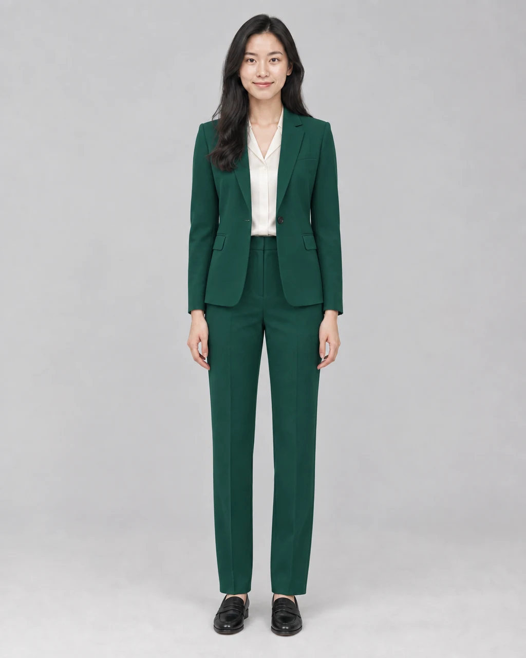 Same woman wearing an emerald pantsuit after an AI outfit swap