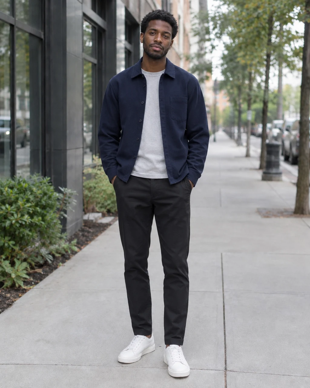 Same man in navy streetwear after using an AI image outfit changer