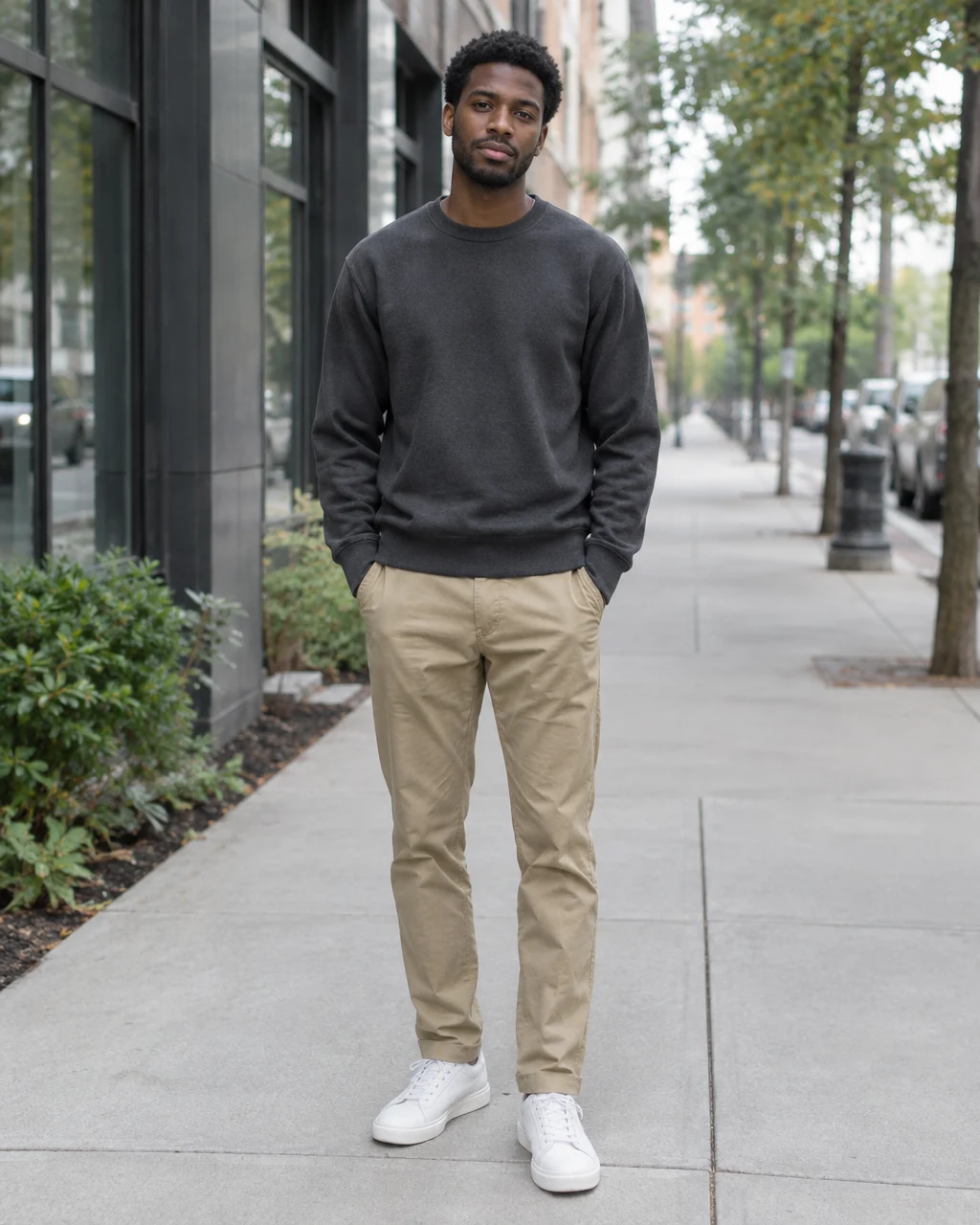 Man in a sweatshirt and chinos before a photo outfit swap