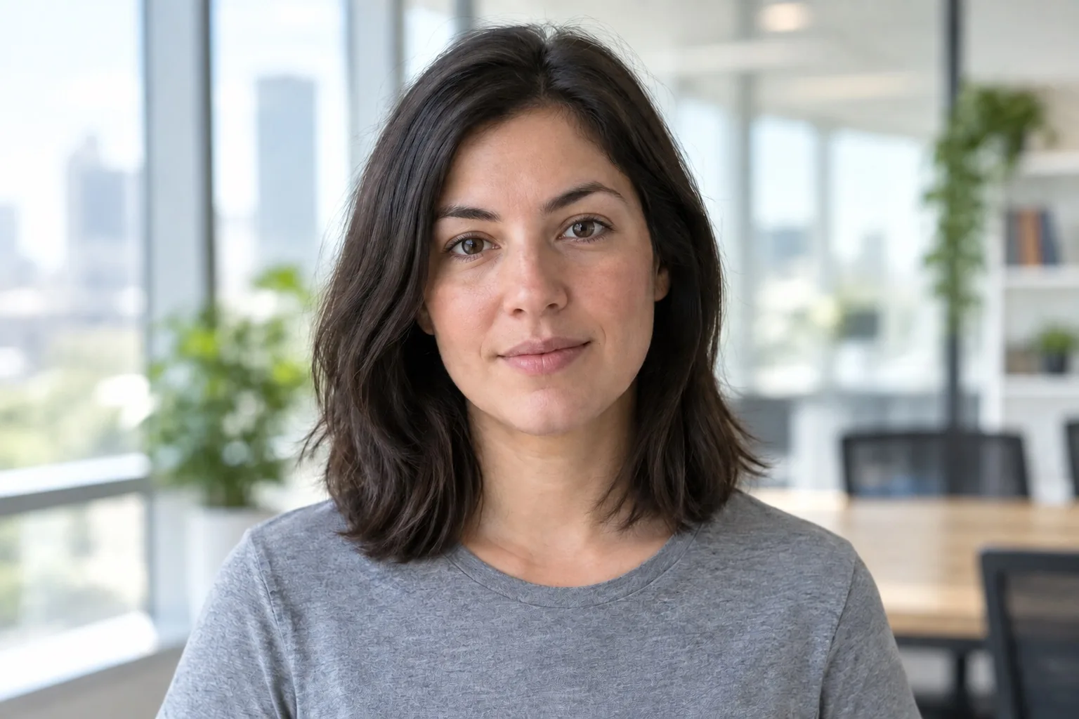 Same portrait in a bright office after an AI background edit