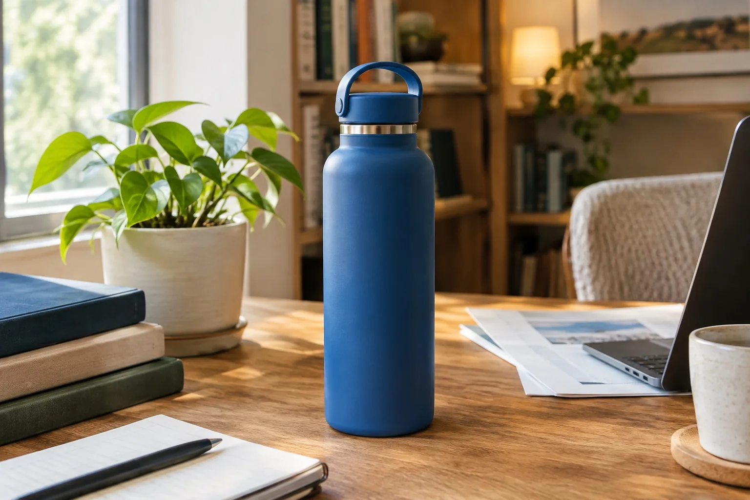 Blue water bottle on a crowded desk before AI photo editing